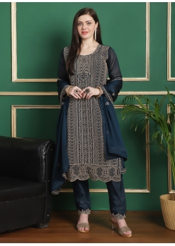 Embroidered Work Georgette Pant Style Suit In Teal For Ceremonial