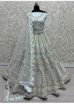 Blue Net Lehenga Choli With Diamond Embroidered Sequins And Thread Work