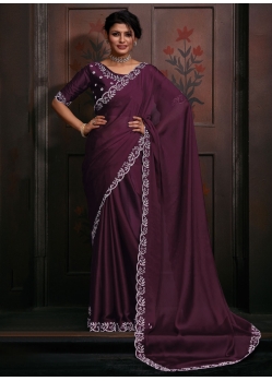 Zircon Work Chiffon Classic Sari In Wine For Ceremonial