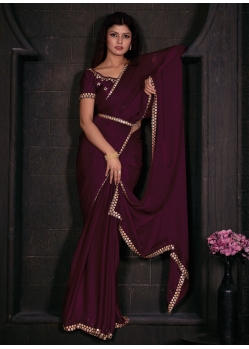 Patch Border And Zircon Work Georgette Satin Contemporary Sari In Wine