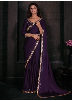 Innovative Purple Georgette Satin Classic Saree With Patch Border And Zircon Work