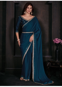 Blue Georgette Satin Patch Border And Zircon Work Contemporary Saree