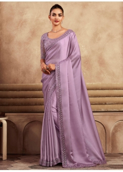 Lavender Satin Silk Patch Border Embroidered And Sequins Work Trendy Saree For Engagement