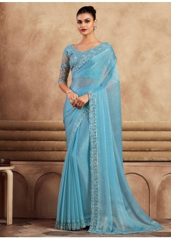 Firozi Silk Patch Border Embroidered And Sequins Work Contemporary Saree For Engagement