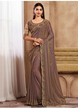 Brown Patch Border Embroidered And Sequins Work Silk Trendy Saree