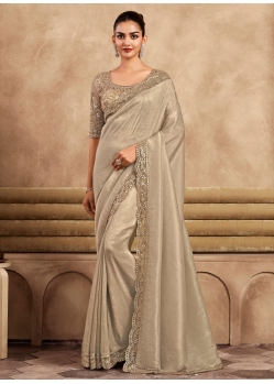 Patch Border Embroidered And Sequins Work Silk Trendy Saree In Beige For Engagement