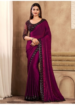 Patch Border Embroidered And Sequins Work Silk Classic Sari In Wine For Engagement