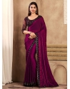 Patch Border Embroidered And Sequins Work Silk Classic Sari In Wine For Engagement