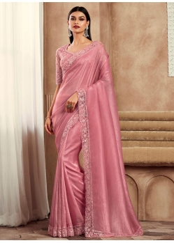 Pink Silk Patch Border Embroidered And Sequins Work Trendy Saree For Women