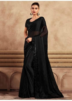 Black Chiffon Patch Border Embroidered And Sequins Work Contemporary Sari For Engagement