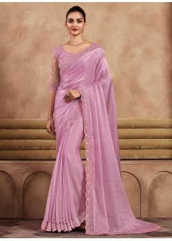 Pink Silk Patch Border Embroidered And Sequins Work Classic Sari For Women