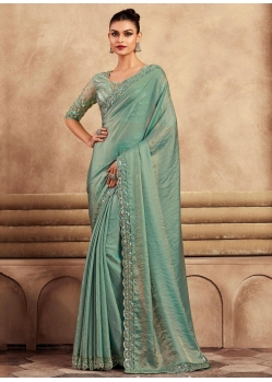 Sea Green Silk Patch Border Embroidered And Sequins Work Trendy Saree For Engagement