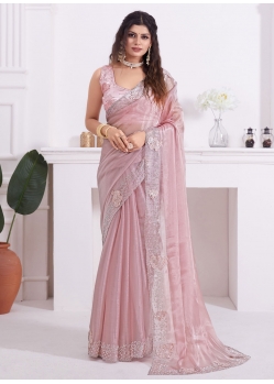 Diamond Embroidered Patch Border And Zircon Work Organza Trendy Saree In Pink