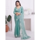 Turquoise Organza Classic Sari With Diamond Embroidered Patch Border And Zircon Work