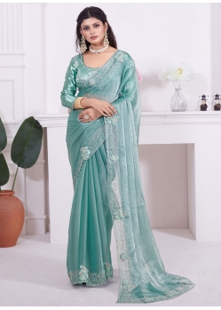 Turquoise Organza Classic Sari With Diamond Embroidered Patch Border And Zircon Work