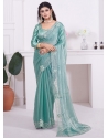 Turquoise Organza Classic Sari With Diamond Embroidered Patch Border And Zircon Work