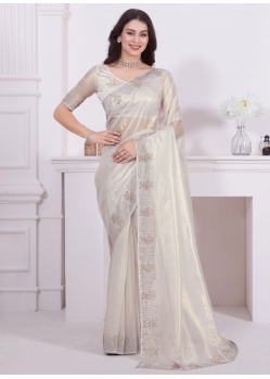 White Organza Zircon Work Contemporary Saree For Engagement