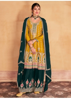 Green And Yellow Chinon Embroidered Work Salwar Suit