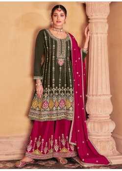 Green And Pink Embroidered Work Chinon Salwar Suit