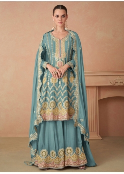 Embroidered Work Chinon Salwar Suit In Aqua Blue For Engagement