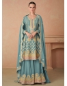 Embroidered Work Chinon Salwar Suit In Aqua Blue For Engagement