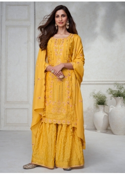 Mustard Chinon Salwar Suit With Embroidered Work For Engagement