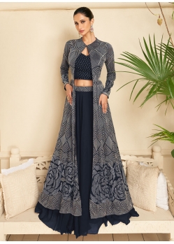 Blue Georgette Readymade Lehenga Choli With Embroidered Work For Ceremonial