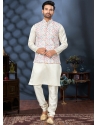 White Silk Kurta Pajama With Heavy Cotton Multi Colour Jacket For Mens