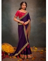 Purple Satin Silk Classic Sari With Patch Border And Swarovski Work