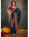 Blue Satin Silk Classic Saree With Patch Border And Swarovski Work