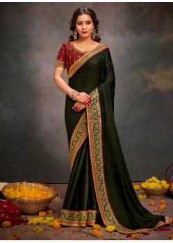 Green Satin Silk Patch Border And Swarovski Work Trendy Saree For Ceremonial