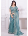 Beauteous Turquoise Organza Contemporary Saree With Zircon Work