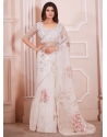 White Organza Digital Print And Zircon Work Contemporary Sari For Ceremonial