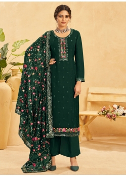 Appealing Green Organza Salwar Suit With Embroidered Work