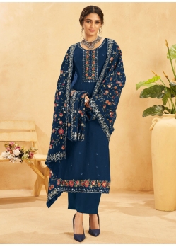 Embroidered Work Organza Salwar Suit In Blue For Ceremonial