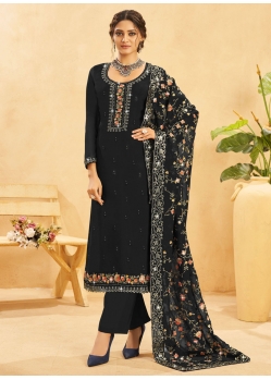 Embroidered Work Organza Salwar Suit In Black For Ceremonial
