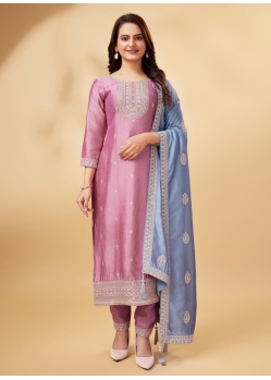 Embroidered Pink Vichitra Silk Designer Salwar Suit