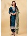 Embroidered Teal Vichitra Silk Designer Salwar Suit