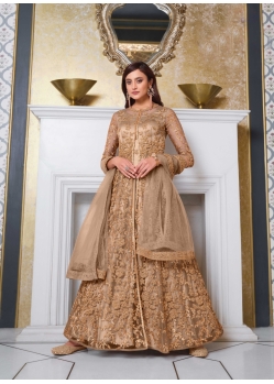 Heavy Embroidered Designer Golden Party Wear Front Cut Suit