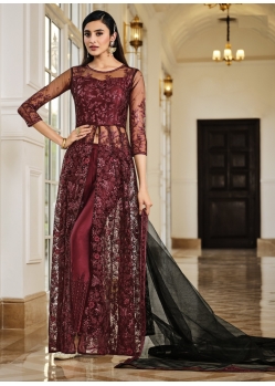 Heavy Embroidered Designer Maroon Party Wear Indo Western Suit