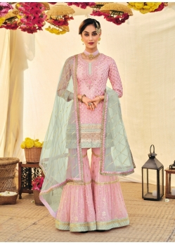 Elegant Pink Real Georgette Heavy Designer Sharara Suit