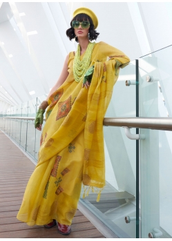 Yellow Print Work Tissue Contemporary Sari