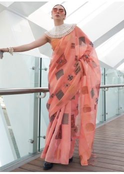 Peach Tissue Classic Sari With Print Work For Women