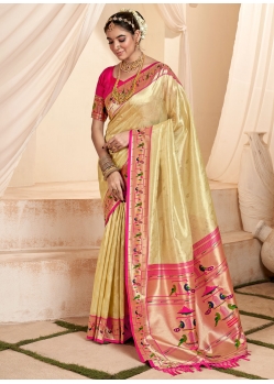 Cream Silk Contemporary Sari With Jacquard Work For Women
