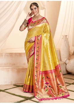 Yellow Silk Trendy Saree With Jacquard Work For Women