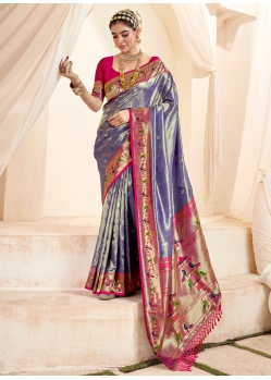 Blue Silk Jacquard Work Contemporary Sari For Women