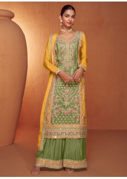 Green And Yellow Chinon Salwar Suit With Embroidered And Mirror Work