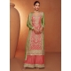 Peach And Green Chinon Salwar Suit With Embroidered And Mirror Work