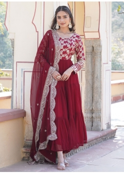 Maroon Viscose Designer Gown With Embroidered And Sequins Work