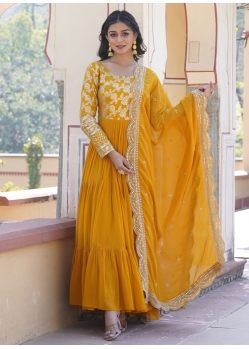 Embroidered And Sequins Work Viscose Gown In Yellow